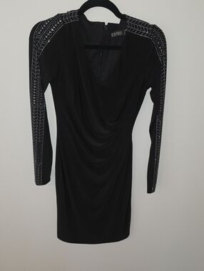 GUESS Black Long-Sleeve Draped Dress with Rhinestone-Trim Shoulders